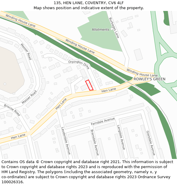 135, HEN LANE, COVENTRY, CV6 4LF: Location map and indicative extent of plot