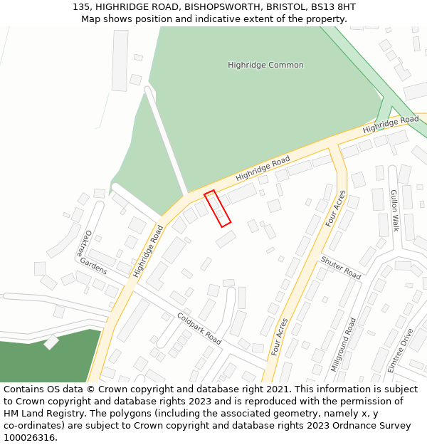 135, HIGHRIDGE ROAD, BISHOPSWORTH, BRISTOL, BS13 8HT: Location map and indicative extent of plot