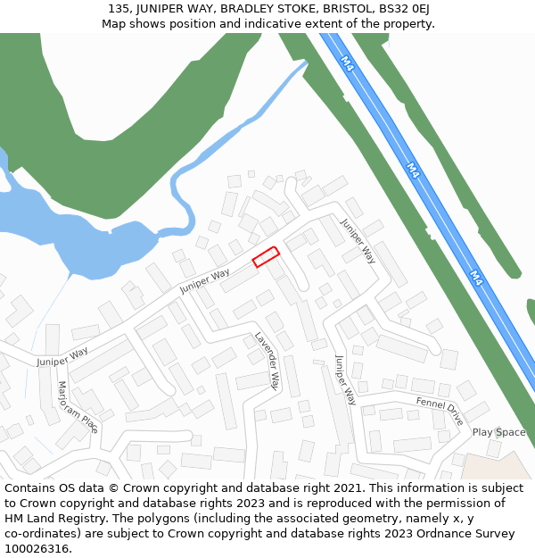 135, JUNIPER WAY, BRADLEY STOKE, BRISTOL, BS32 0EJ: Location map and indicative extent of plot