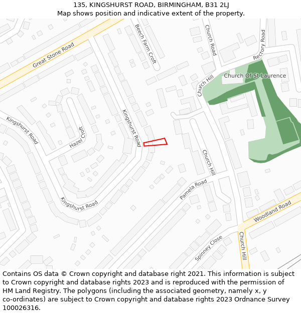 135, KINGSHURST ROAD, BIRMINGHAM, B31 2LJ: Location map and indicative extent of plot