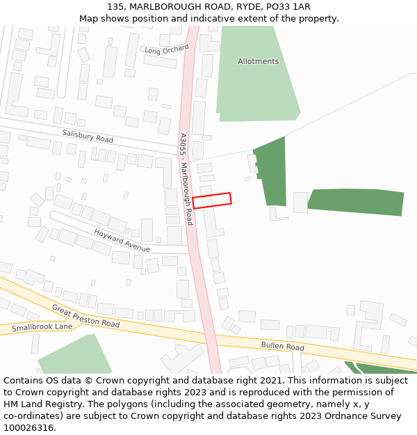 135, MARLBOROUGH ROAD, RYDE, PO33 1AR: Location map and indicative extent of plot