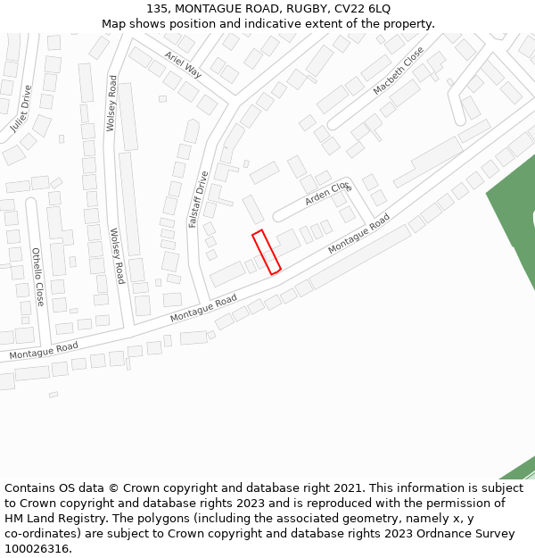 135, MONTAGUE ROAD, RUGBY, CV22 6LQ: Location map and indicative extent of plot