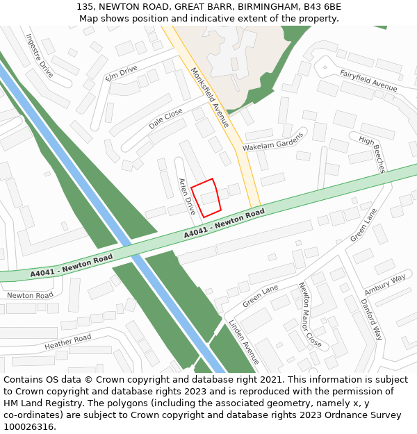 135, NEWTON ROAD, GREAT BARR, BIRMINGHAM, B43 6BE: Location map and indicative extent of plot