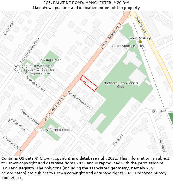 135, PALATINE ROAD, MANCHESTER, M20 3YA: Location map and indicative extent of plot