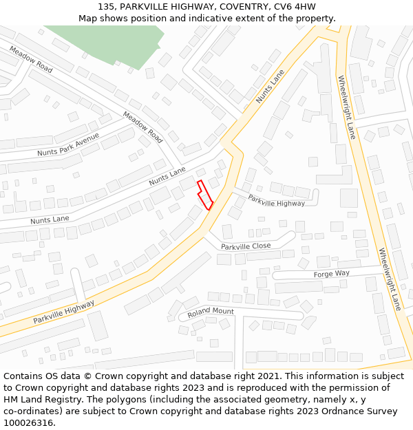 135, PARKVILLE HIGHWAY, COVENTRY, CV6 4HW: Location map and indicative extent of plot