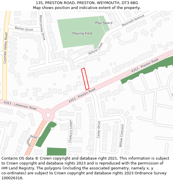 135, PRESTON ROAD, PRESTON, WEYMOUTH, DT3 6BG: Location map and indicative extent of plot