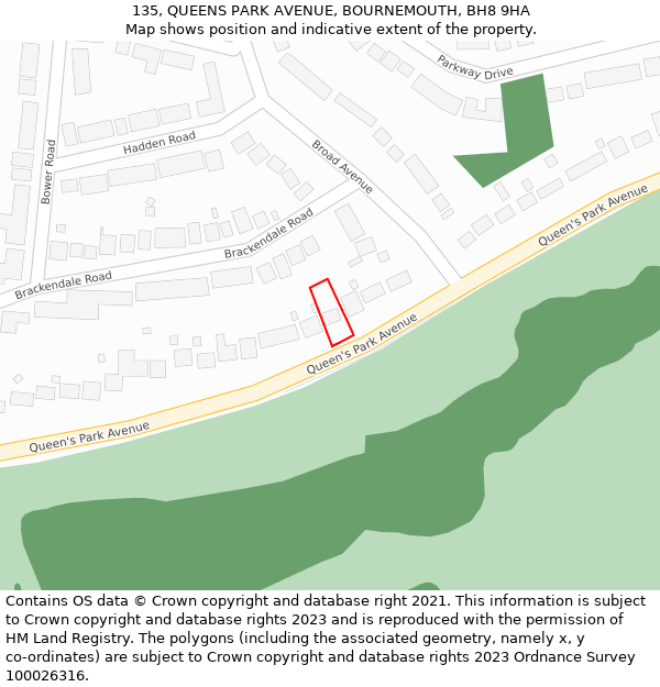 135, QUEENS PARK AVENUE, BOURNEMOUTH, BH8 9HA: Location map and indicative extent of plot