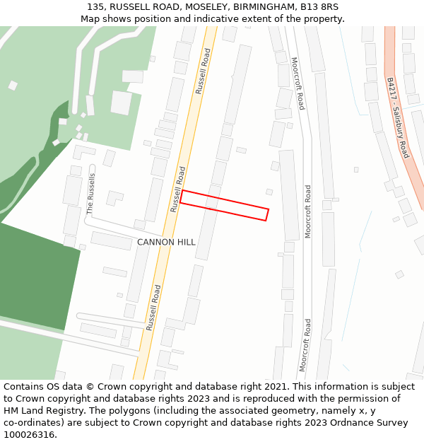 135, RUSSELL ROAD, MOSELEY, BIRMINGHAM, B13 8RS: Location map and indicative extent of plot