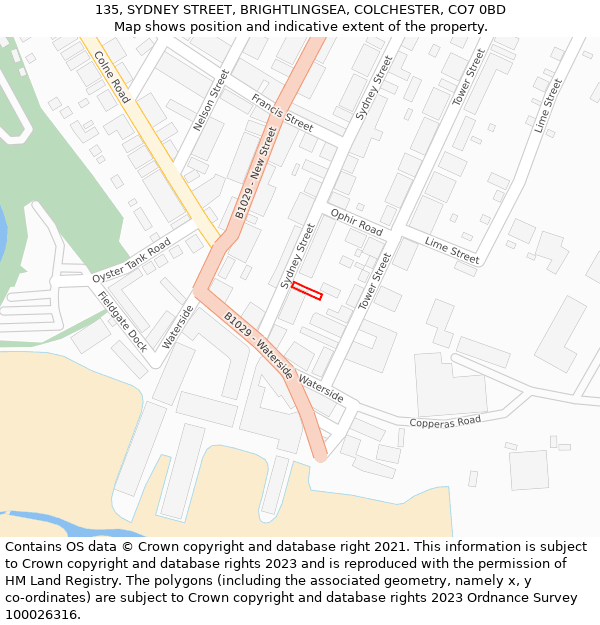 135, SYDNEY STREET, BRIGHTLINGSEA, COLCHESTER, CO7 0BD: Location map and indicative extent of plot