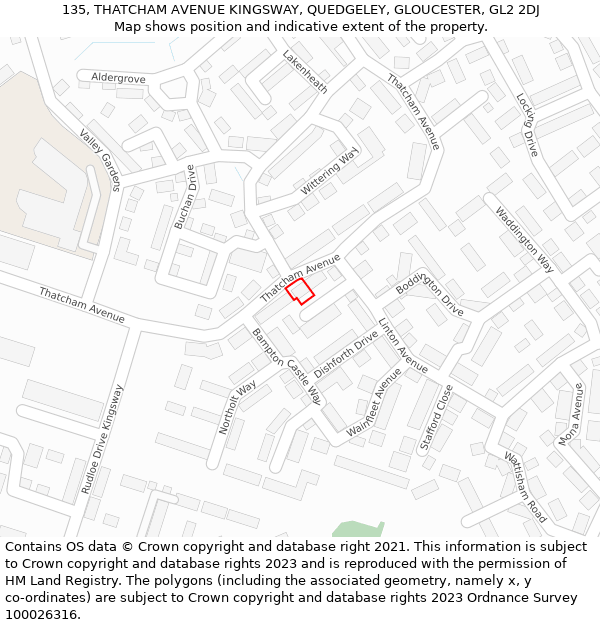 135, THATCHAM AVENUE KINGSWAY, QUEDGELEY, GLOUCESTER, GL2 2DJ: Location map and indicative extent of plot