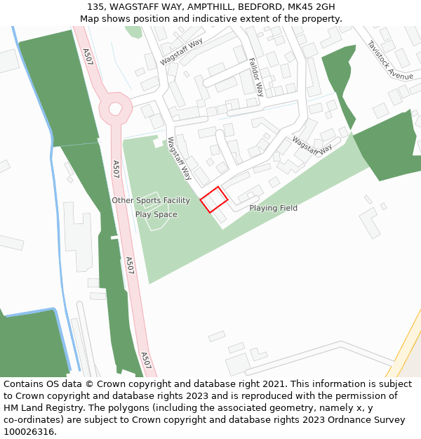 135, WAGSTAFF WAY, AMPTHILL, BEDFORD, MK45 2GH: Location map and indicative extent of plot