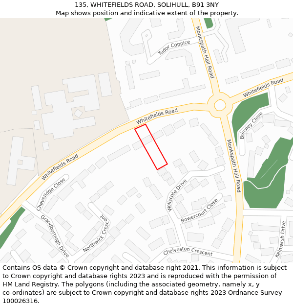 135, WHITEFIELDS ROAD, SOLIHULL, B91 3NY: Location map and indicative extent of plot