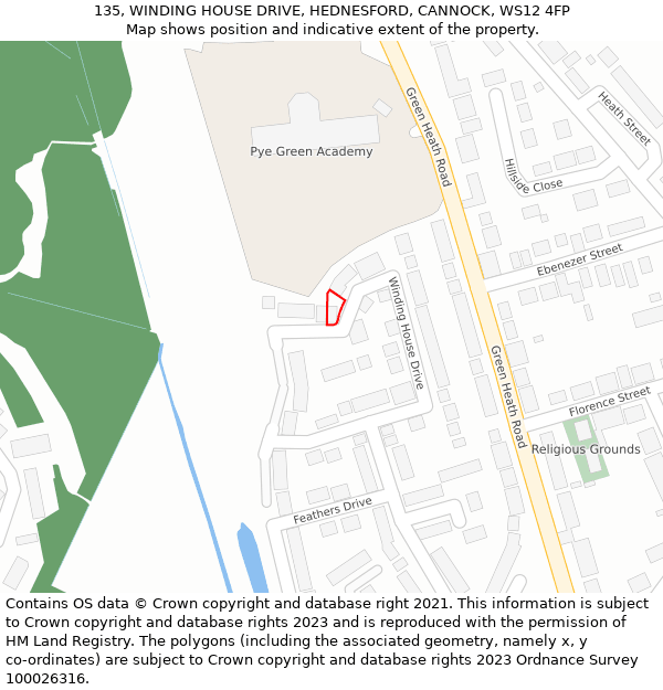 135, WINDING HOUSE DRIVE, HEDNESFORD, CANNOCK, WS12 4FP: Location map and indicative extent of plot