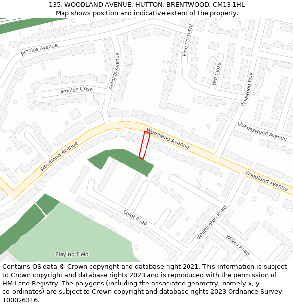 135, WOODLAND AVENUE, HUTTON, BRENTWOOD, CM13 1HL: Location map and indicative extent of plot
