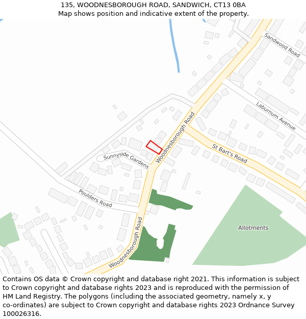 135, WOODNESBOROUGH ROAD, SANDWICH, CT13 0BA: Location map and indicative extent of plot