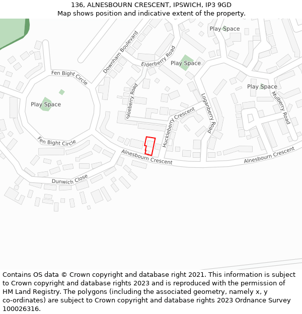 136, ALNESBOURN CRESCENT, IPSWICH, IP3 9GD: Location map and indicative extent of plot