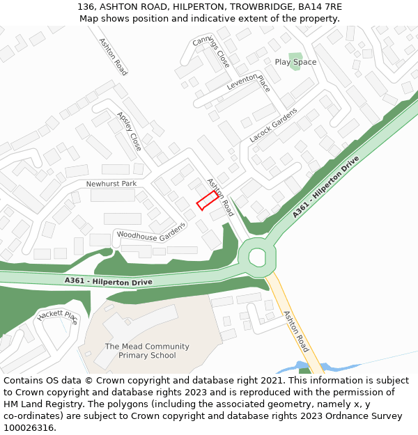 136, ASHTON ROAD, HILPERTON, TROWBRIDGE, BA14 7RE: Location map and indicative extent of plot