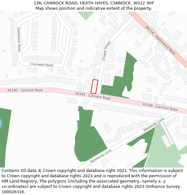 136, CANNOCK ROAD, HEATH HAYES, CANNOCK, WS12 3HF: Location map and indicative extent of plot
