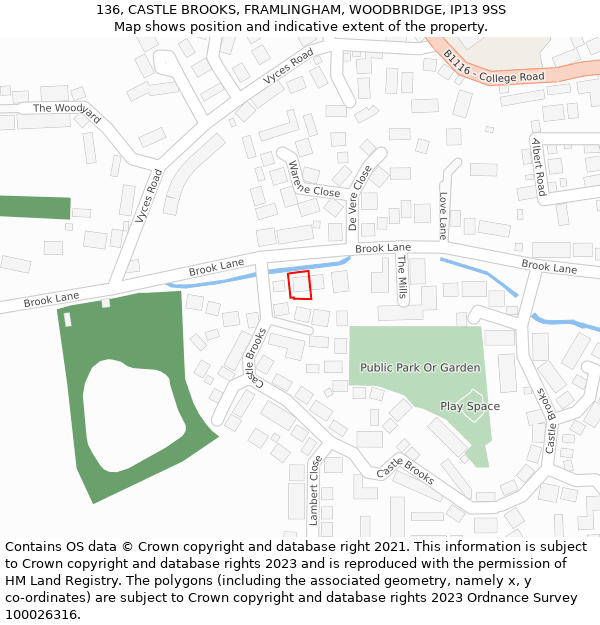 136, CASTLE BROOKS, FRAMLINGHAM, WOODBRIDGE, IP13 9SS: Location map and indicative extent of plot
