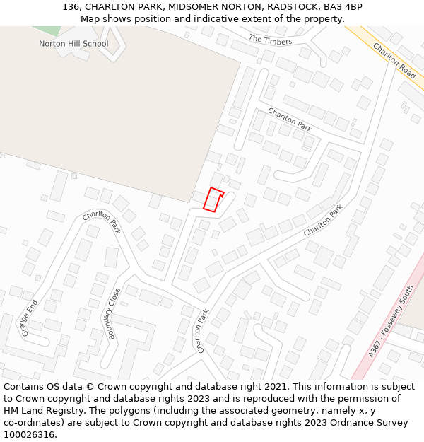 136, CHARLTON PARK, MIDSOMER NORTON, RADSTOCK, BA3 4BP: Location map and indicative extent of plot