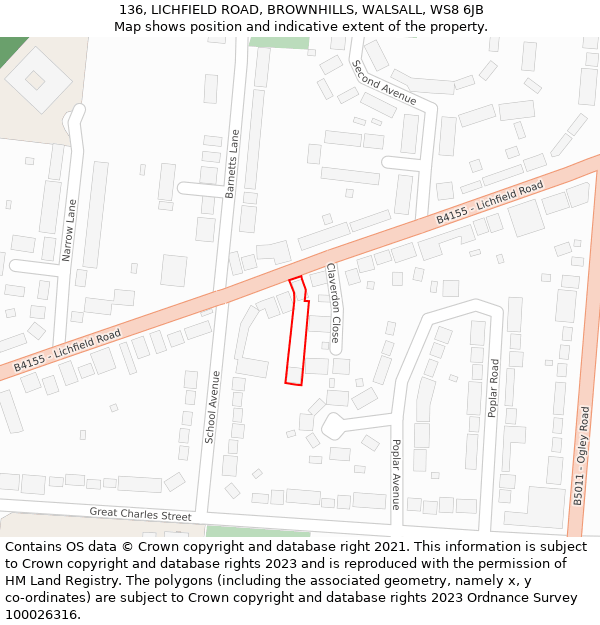 136, LICHFIELD ROAD, BROWNHILLS, WALSALL, WS8 6JB: Location map and indicative extent of plot