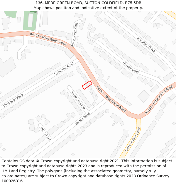 136, MERE GREEN ROAD, SUTTON COLDFIELD, B75 5DB: Location map and indicative extent of plot