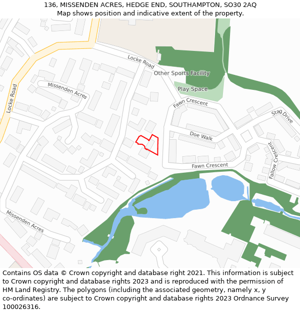 136, MISSENDEN ACRES, HEDGE END, SOUTHAMPTON, SO30 2AQ: Location map and indicative extent of plot