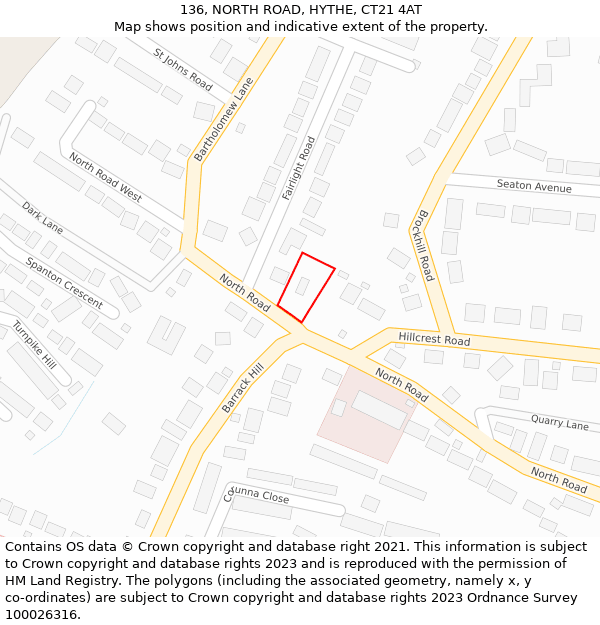 136, NORTH ROAD, HYTHE, CT21 4AT: Location map and indicative extent of plot