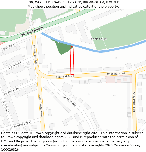 136, OAKFIELD ROAD, SELLY PARK, BIRMINGHAM, B29 7ED: Location map and indicative extent of plot