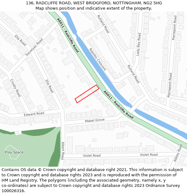 136, RADCLIFFE ROAD, WEST BRIDGFORD, NOTTINGHAM, NG2 5HG: Location map and indicative extent of plot