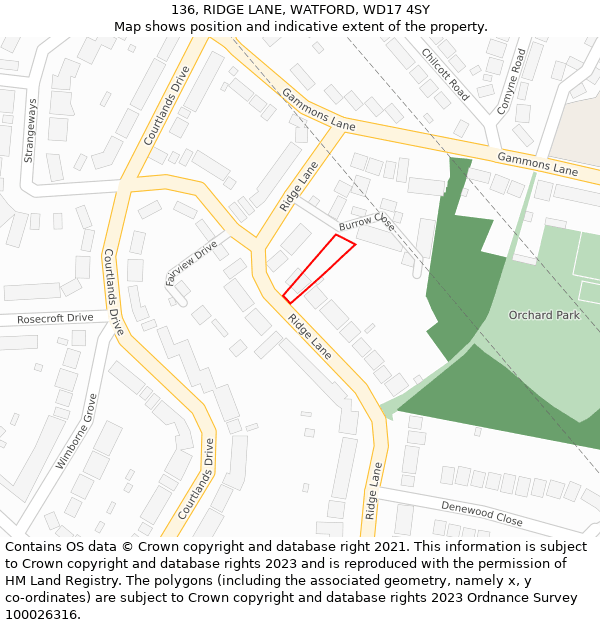 136, RIDGE LANE, WATFORD, WD17 4SY: Location map and indicative extent of plot