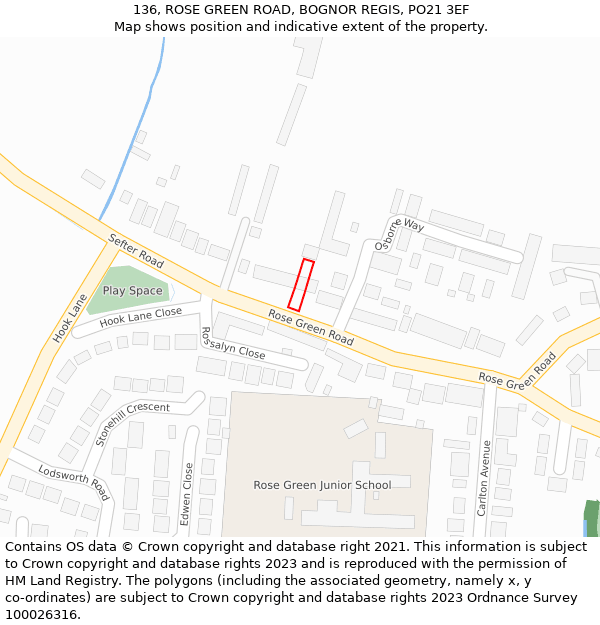 136, ROSE GREEN ROAD, BOGNOR REGIS, PO21 3EF: Location map and indicative extent of plot