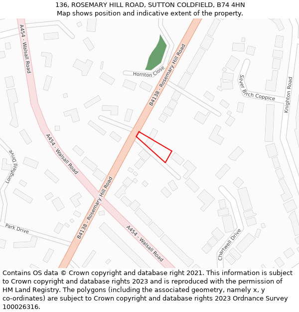 136, ROSEMARY HILL ROAD, SUTTON COLDFIELD, B74 4HN: Location map and indicative extent of plot