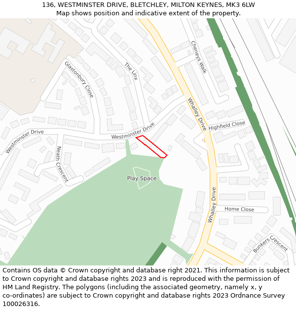 136, WESTMINSTER DRIVE, BLETCHLEY, MILTON KEYNES, MK3 6LW: Location map and indicative extent of plot