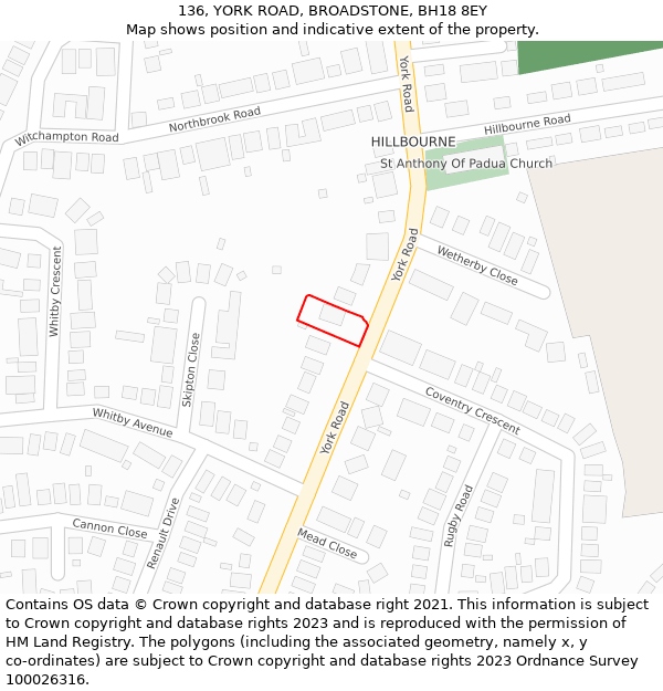 136, YORK ROAD, BROADSTONE, BH18 8EY: Location map and indicative extent of plot