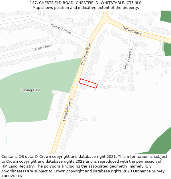 137, CHESTFIELD ROAD, CHESTFIELD, WHITSTABLE, CT5 3LS: Location map and indicative extent of plot