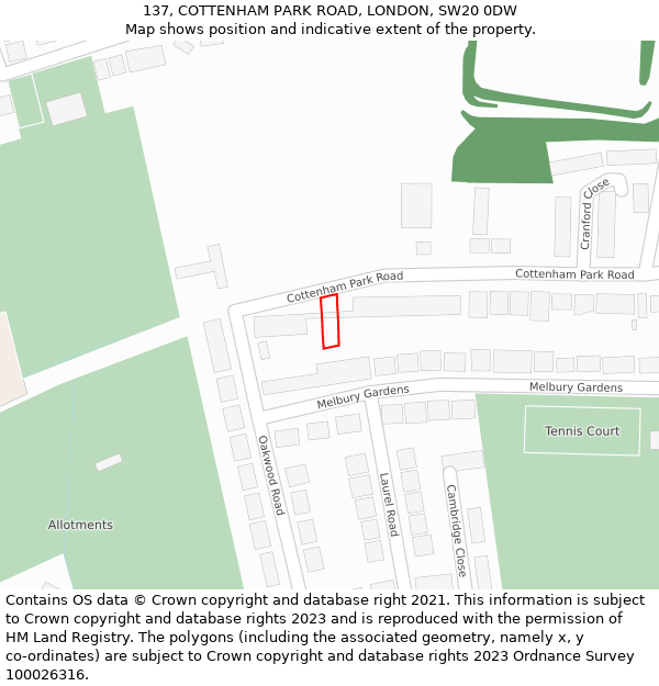 137, COTTENHAM PARK ROAD, LONDON, SW20 0DW: Location map and indicative extent of plot