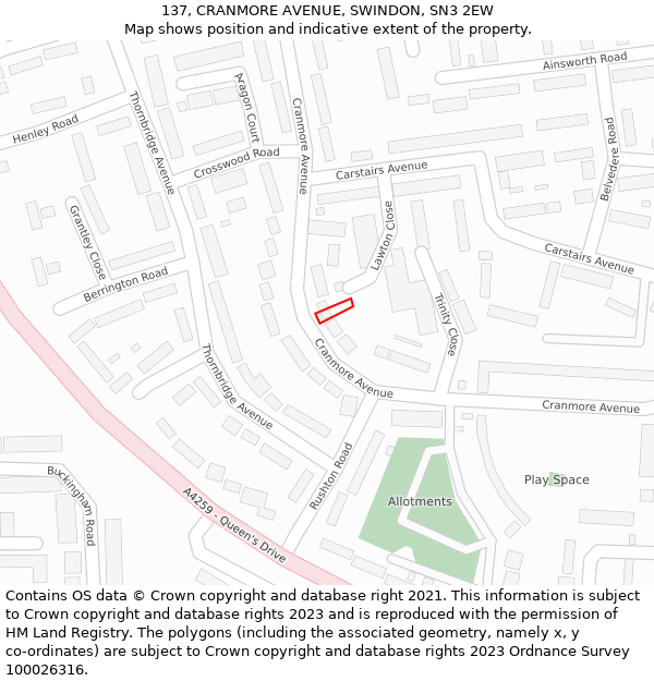 137, CRANMORE AVENUE, SWINDON, SN3 2EW: Location map and indicative extent of plot
