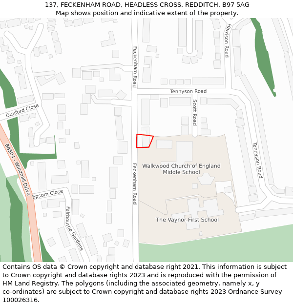 137, FECKENHAM ROAD, HEADLESS CROSS, REDDITCH, B97 5AG: Location map and indicative extent of plot