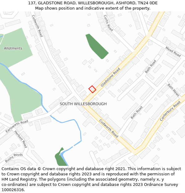 137, GLADSTONE ROAD, WILLESBOROUGH, ASHFORD, TN24 0DE: Location map and indicative extent of plot