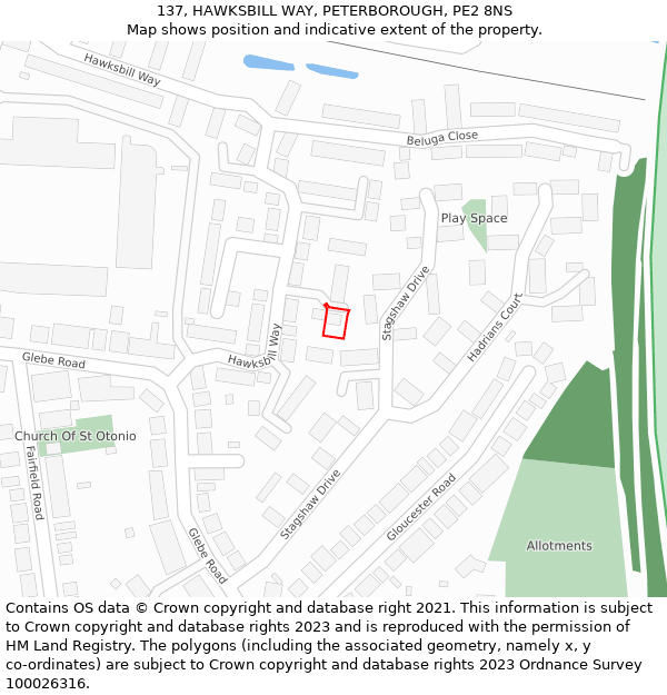 137, HAWKSBILL WAY, PETERBOROUGH, PE2 8NS: Location map and indicative extent of plot