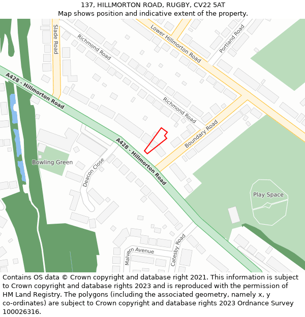 137, HILLMORTON ROAD, RUGBY, CV22 5AT: Location map and indicative extent of plot