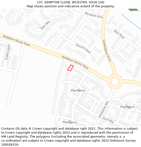 137, KEMPTON CLOSE, BICESTER, OX26 1AD: Location map and indicative extent of plot