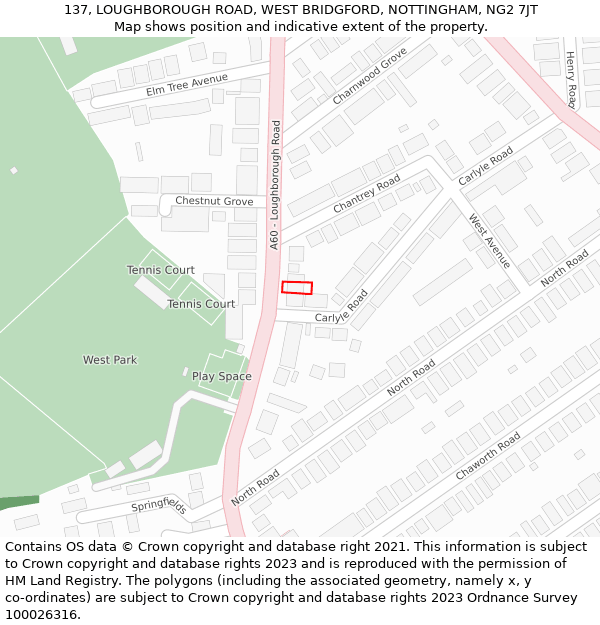 137, LOUGHBOROUGH ROAD, WEST BRIDGFORD, NOTTINGHAM, NG2 7JT: Location map and indicative extent of plot
