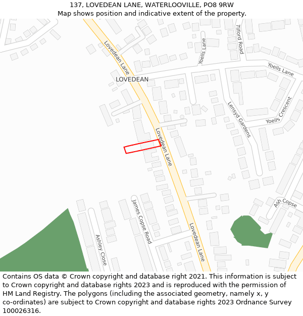 137, LOVEDEAN LANE, WATERLOOVILLE, PO8 9RW: Location map and indicative extent of plot