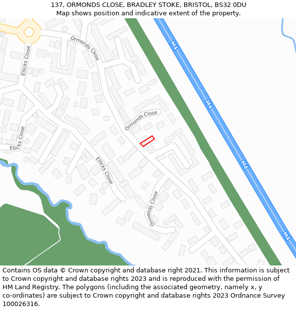 137, ORMONDS CLOSE, BRADLEY STOKE, BRISTOL, BS32 0DU: Location map and indicative extent of plot