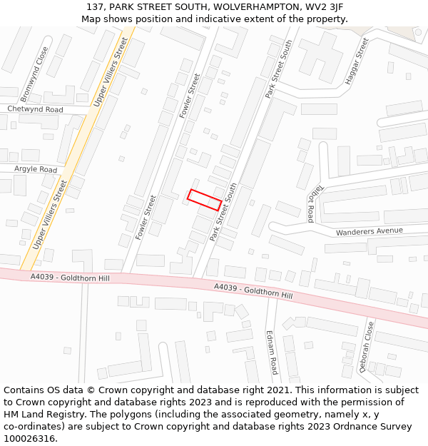 137, PARK STREET SOUTH, WOLVERHAMPTON, WV2 3JF: Location map and indicative extent of plot
