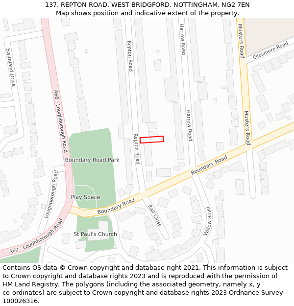 137, REPTON ROAD, WEST BRIDGFORD, NOTTINGHAM, NG2 7EN: Location map and indicative extent of plot