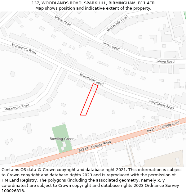 137, WOODLANDS ROAD, SPARKHILL, BIRMINGHAM, B11 4ER: Location map and indicative extent of plot