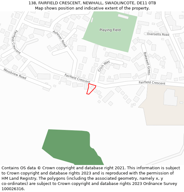 138, FAIRFIELD CRESCENT, NEWHALL, SWADLINCOTE, DE11 0TB: Location map and indicative extent of plot